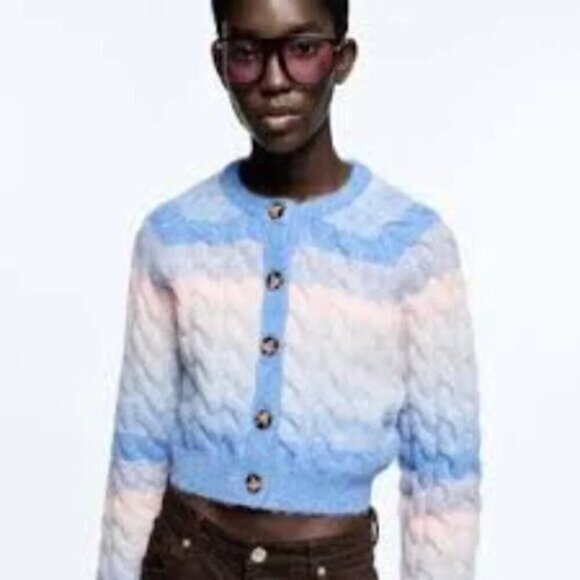 Zara Blue Pink Wool Blend Cable-Knit Button Up Sweater Cardigan L - Picture 3 of 16